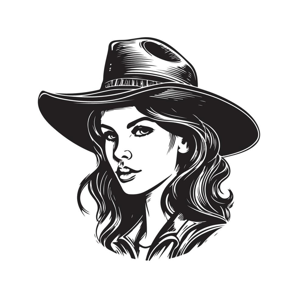 weiblich Cowboy, Jahrgang Logo Linie Kunst Konzept schwarz und Weiß Farbe, Hand gezeichnet Illustration vektor