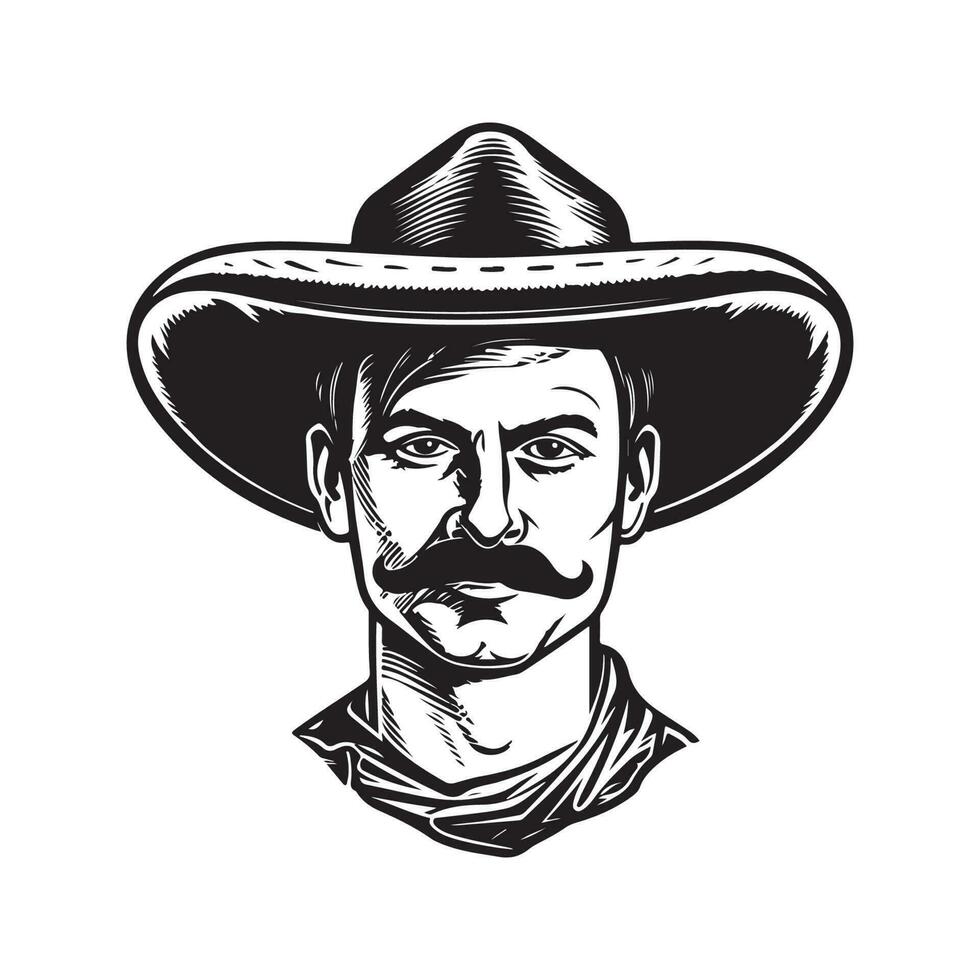 man bär sombrero hatt, årgång logotyp linje konst begrepp svart och vit Färg, hand dragen illustration vektor