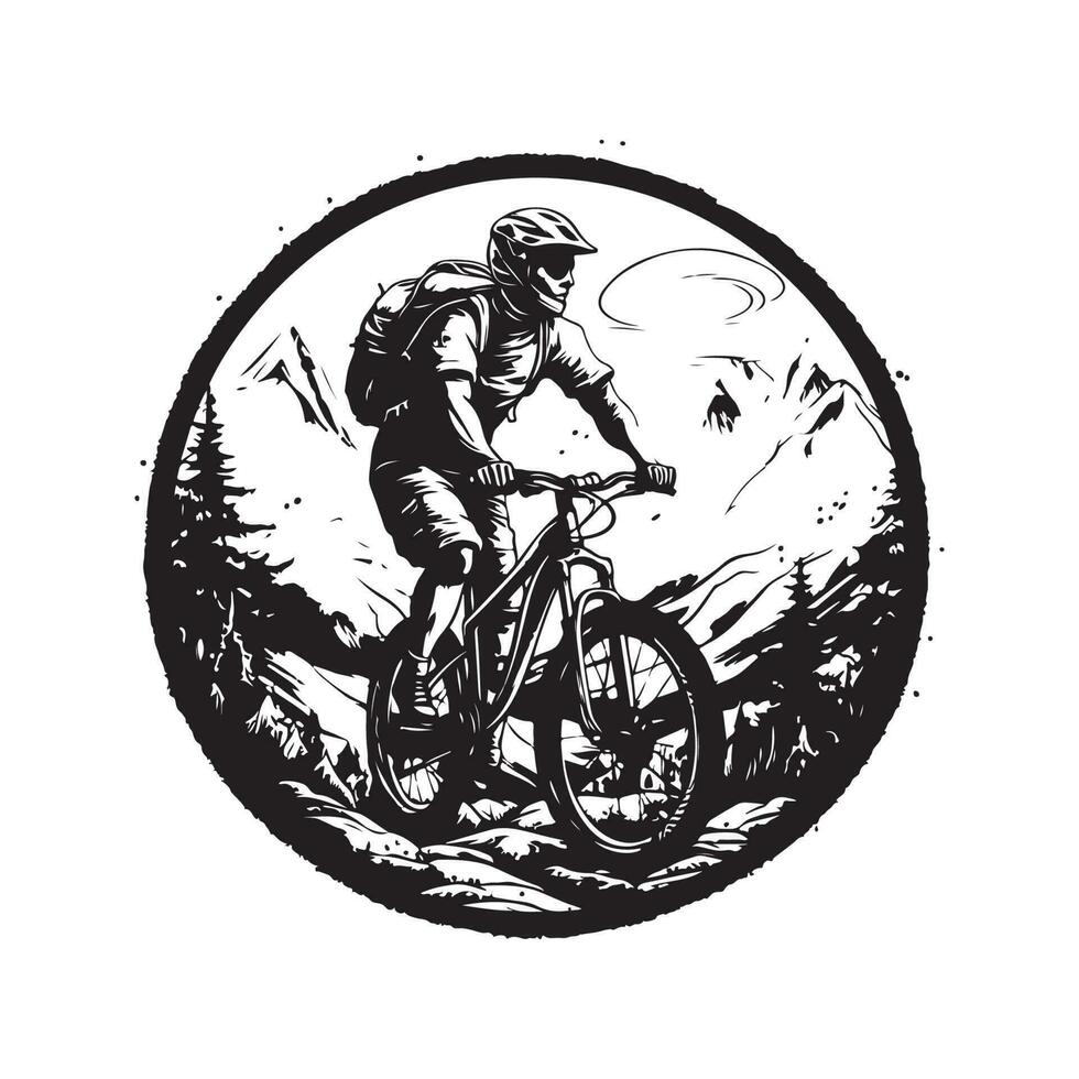 extrem sport berg cykling, årgång logotyp linje konst begrepp svart och vit Färg, hand dragen illustration vektor