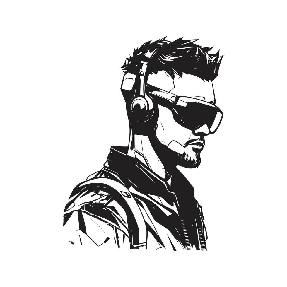 Mann tragen Cyberpunk Headset, Jahrgang Logo Linie Kunst Konzept schwarz und Weiß Farbe, Hand gezeichnet Illustration vektor