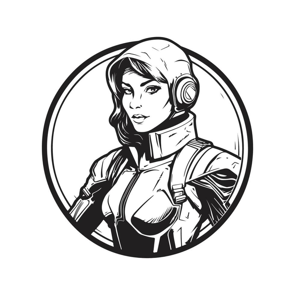 Wissenschaft Fiktion weiblich Held, Jahrgang Logo Linie Kunst Konzept schwarz und Weiß Farbe, Hand gezeichnet Illustration vektor