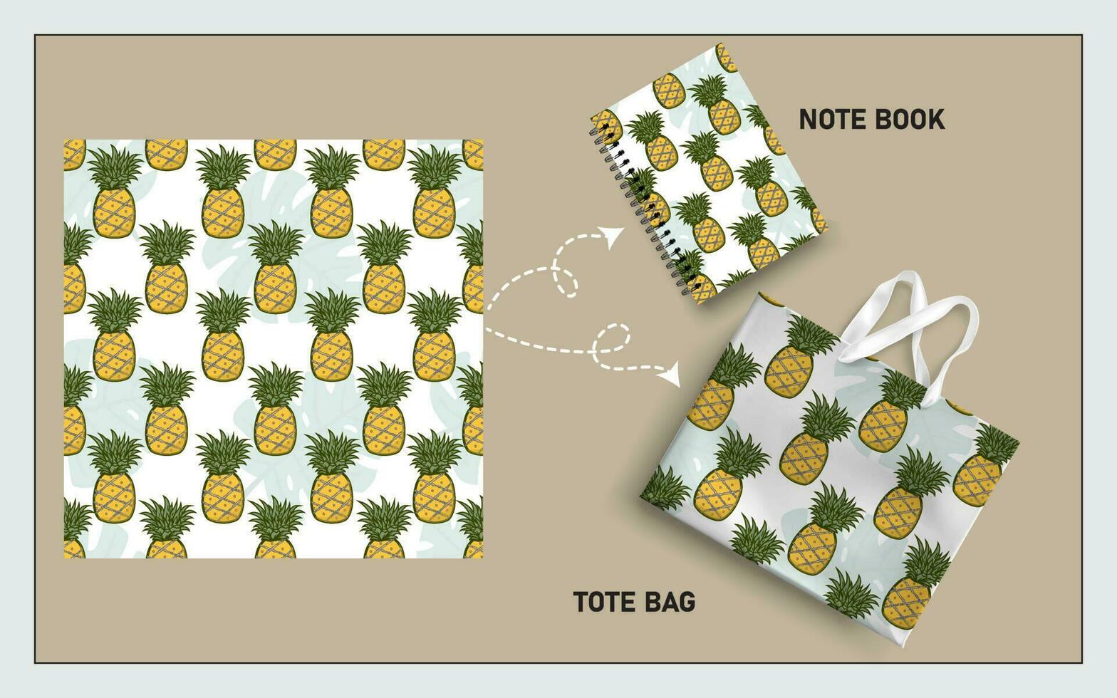 attrapp toto väska och notera bok med ananas frukter, blad sömlös mönster. vektor