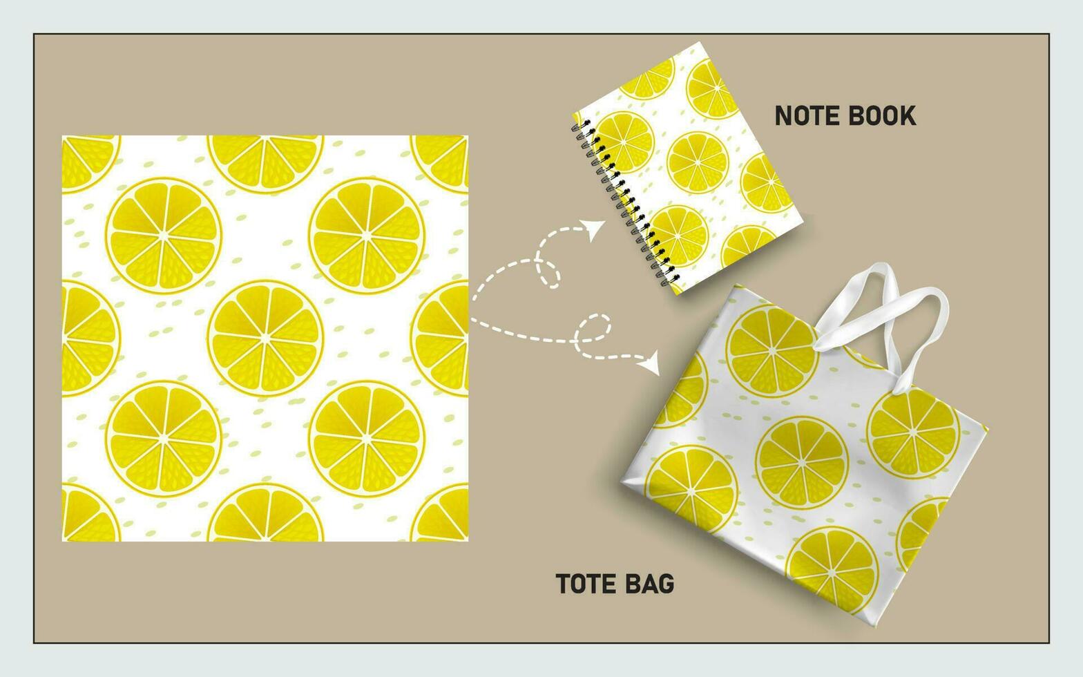 attrapp toto väska och notera bok med skiva av citron- sömlös mönster vektor. vektor