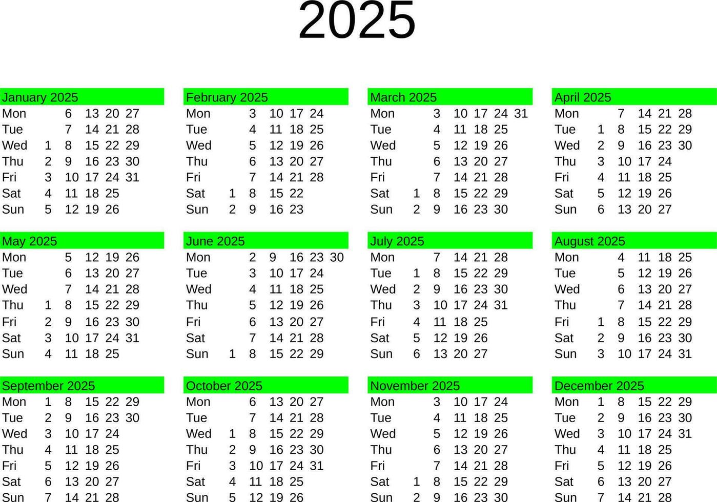 år 2025 kalender i engelsk vektor