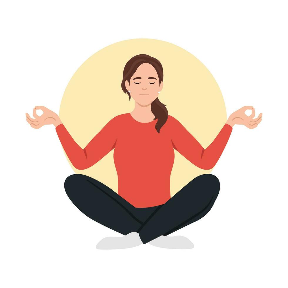 Frau üben Achtsamkeit Meditation, sie ist Sitzung im das Lotus Position und sie ist umgeben durch Gesundheit und Wellness Konzepte vektor