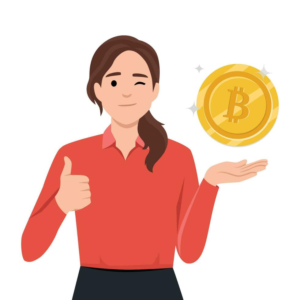 Geschäftsfrau gelehnt zu groß Bitcoin und zeigen Daumen oben Geste. elektronisch Währung Konzept. vektor