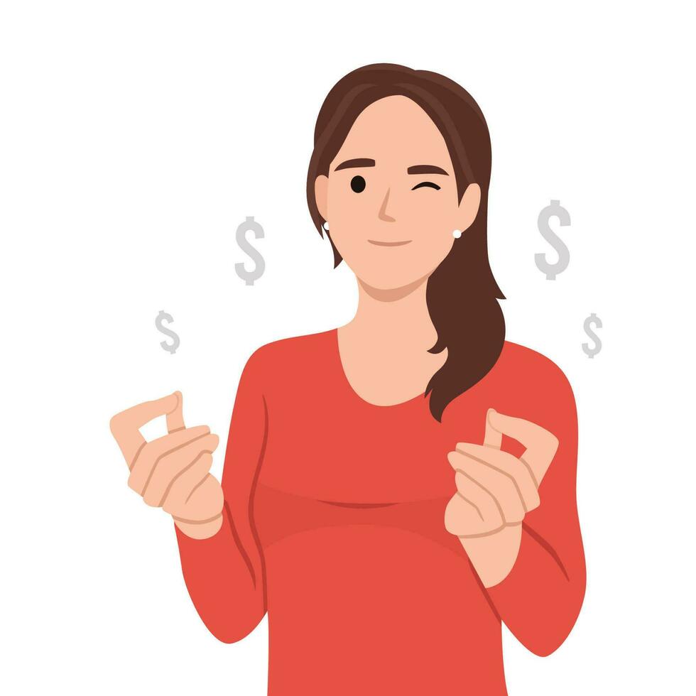 jung glücklich Frau gestikulieren zeigen Finger auf Dollar Symbole Skizzen vektor