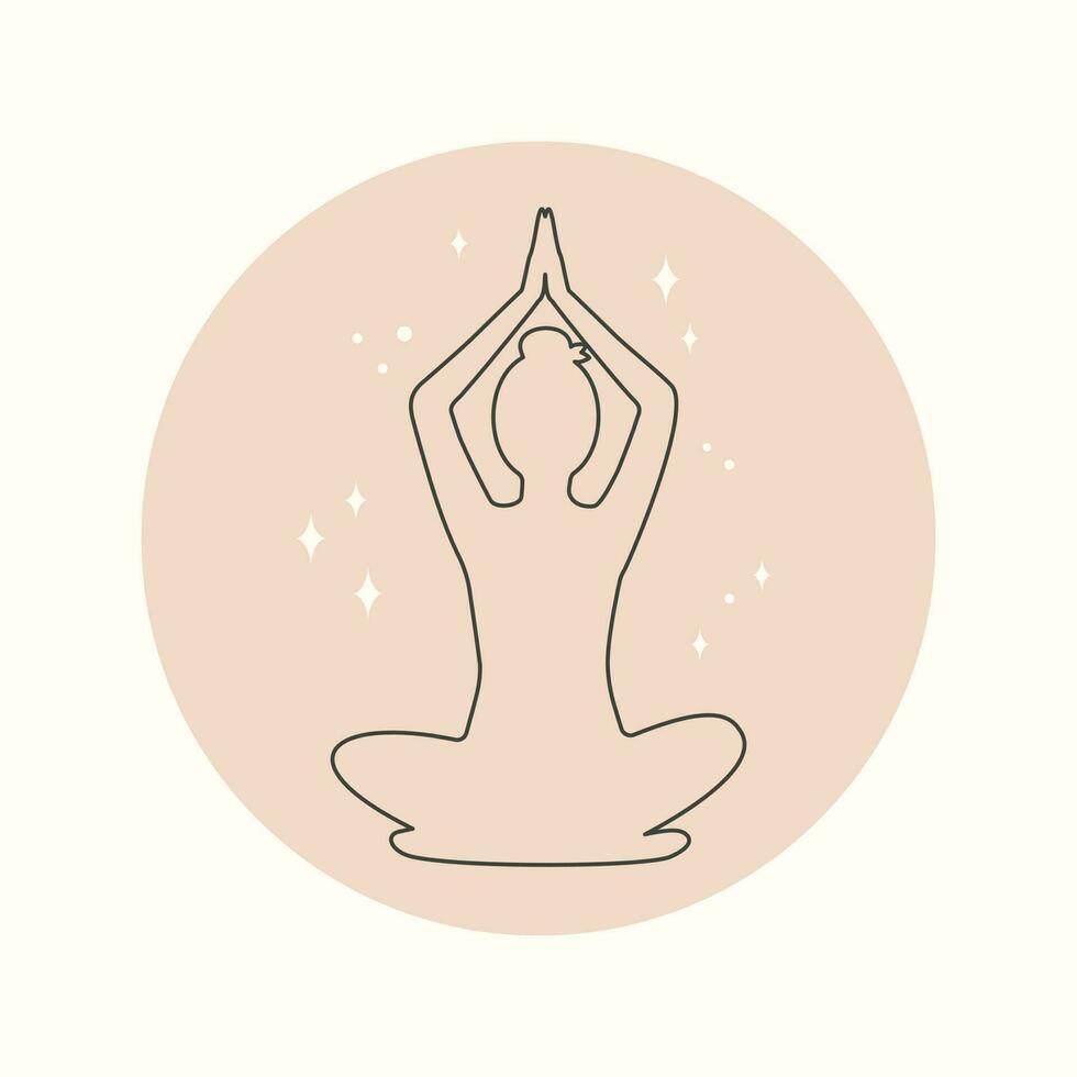 Frau mit gekreuzt Beine erstreckt sich ihr Waffen hoch. Lotus Pose, Yoga Asanas. Silhouette, Symbol, Logo, Emblem, Symbol zum Netz Design, Sozial Medien Geschichten. modisch minimal lineart Stil. Vektor im Boho Stil