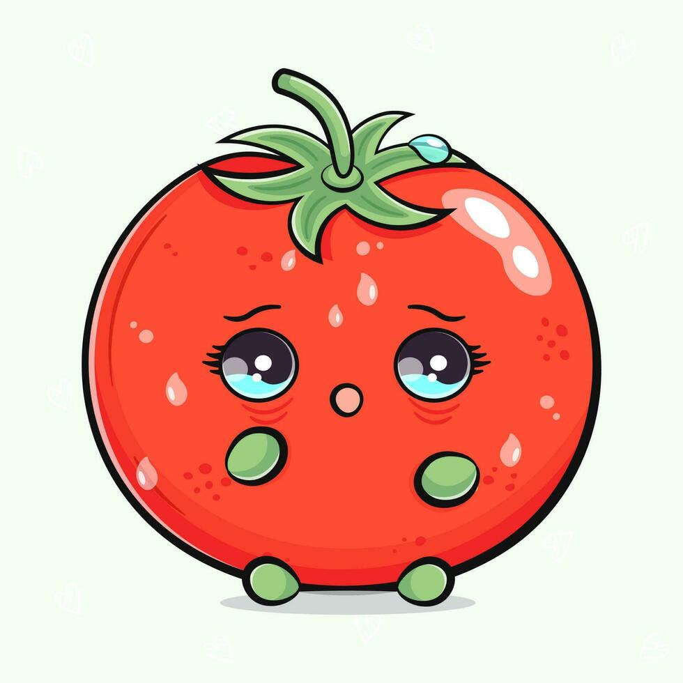 erschrocken Tomate Charakter. Vektor Hand gezeichnet traditionell Karikatur Jahrgang, retro, kawaii Charakter Illustration Symbol. isoliert Licht Grün Hintergrund. Weinen Tomate Charakter Konzept