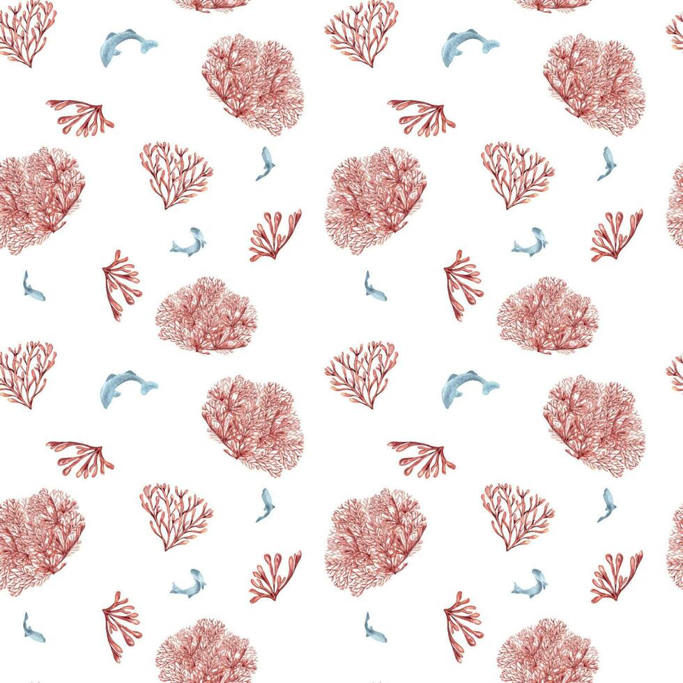 nahtlos Muster von Meer Pflanzen, Koralle Aquarell isoliert auf Weiß Hintergrund. Rosa Agar Agar Seetang und Fisch Hand gezeichnet. Design Element zum Paket, Textil, Papier, Verpackung, Marine Sammlung vektor