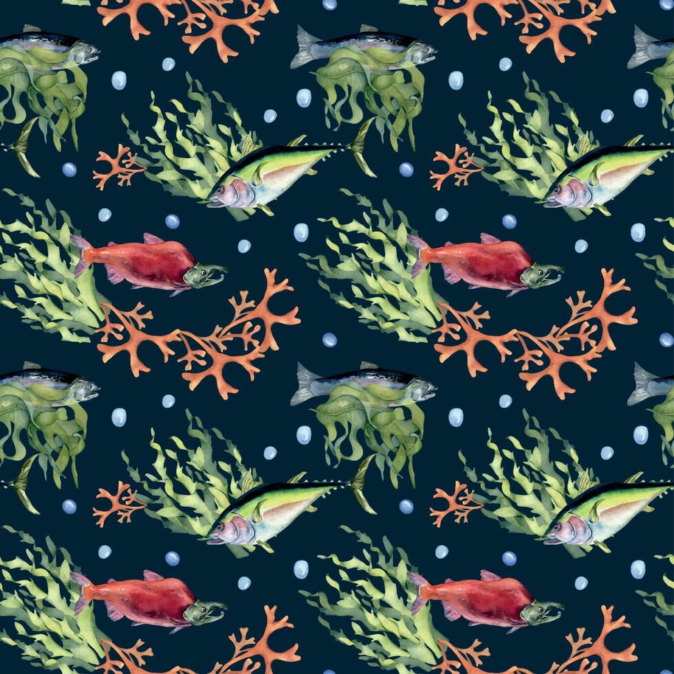 olika vild hav fisk sömlös mönster vattenfärg illustration isolerat på svart. sjögräs, tonfisk, lax, coho, hav växter hand ritade. design element för textil, förpackning, papper, omslag, baner vektor