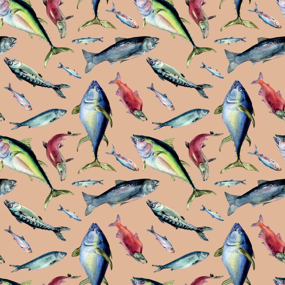 olika hav fiskar sömlös mönster vattenfärg illustration isolerat på rosa. vild fisk, tonfisk, lax, sill, ansjovis hand ritade. design element för textil, förpackning, papper, omslag, bakgrund vektor