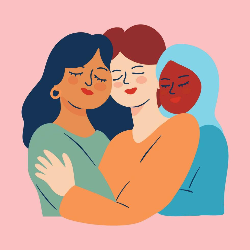 Frauen umarmen Illustration von Einheit im Vielfalt vektor