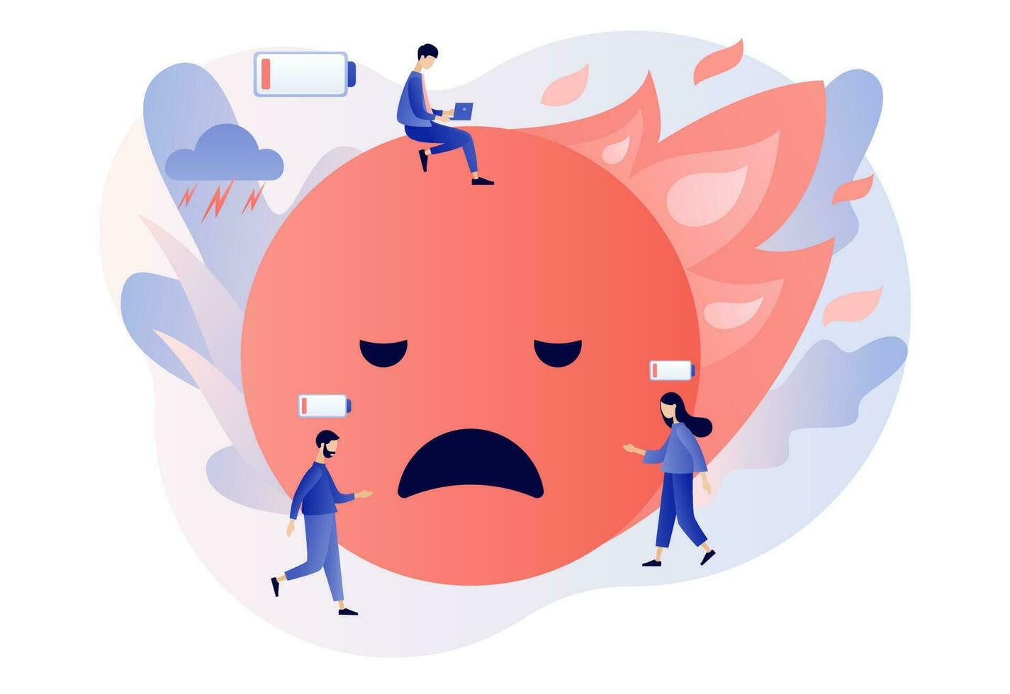 emotional Ausbrennen. Lächeln Symbol im Feuer. Verbrennung Emoji. niedrig Energie, Müdigkeit, Depression, Stress eben, Stimmung Skala, Batterie niedrig. Überarbeitung Geschäft Personen. modern eben Karikatur Stil. Vektor Illustration