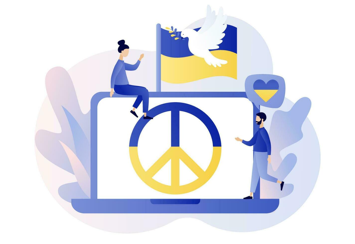 Ukraine Frieden Symbole auf Laptop Bildschirm. Flagge von Ukraine. Taube von Frieden. Stand mit Ukraine. halt Krieg. Nein Krieg. modern eben Karikatur Stil. Vektor Illustration auf Weiß Hintergrund