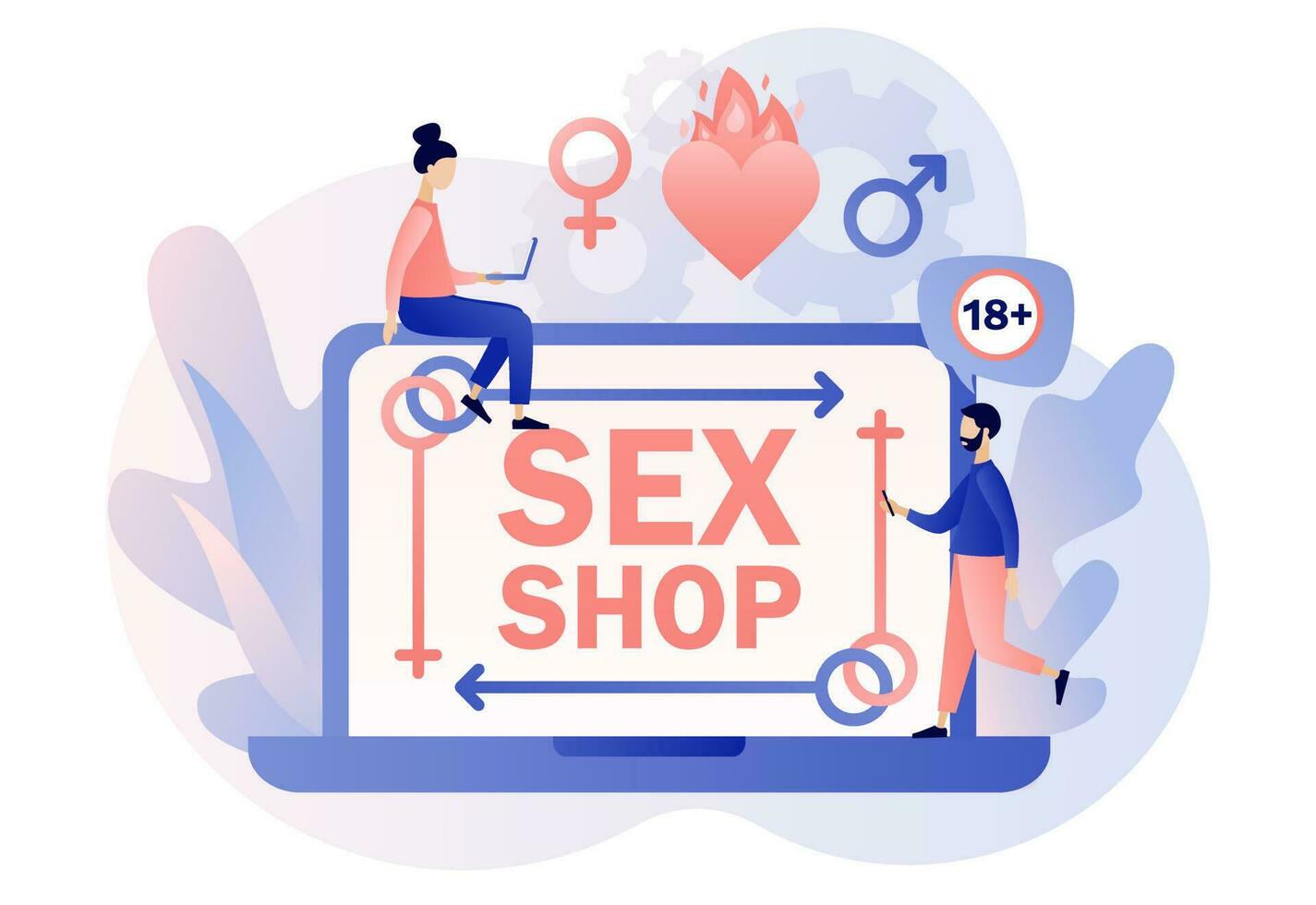 uppkopplad sex affär. kvinna och manlig sex symbol. vuxen Lagra webb webbplats. erotisk begrepp. modern platt tecknad serie stil. vektor illustration på vit bakgrund