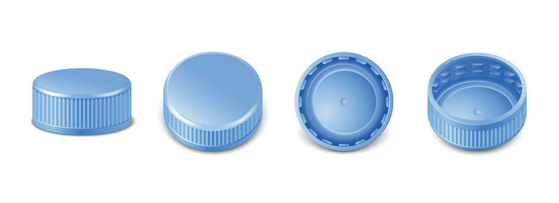 3d realistisk samling av blå plast flaska caps i sida, topp och botten se. attrapp med sällskapsdjur skruva lock för vatten, öl, cider av soda. isolerat ikon illustration. vektor