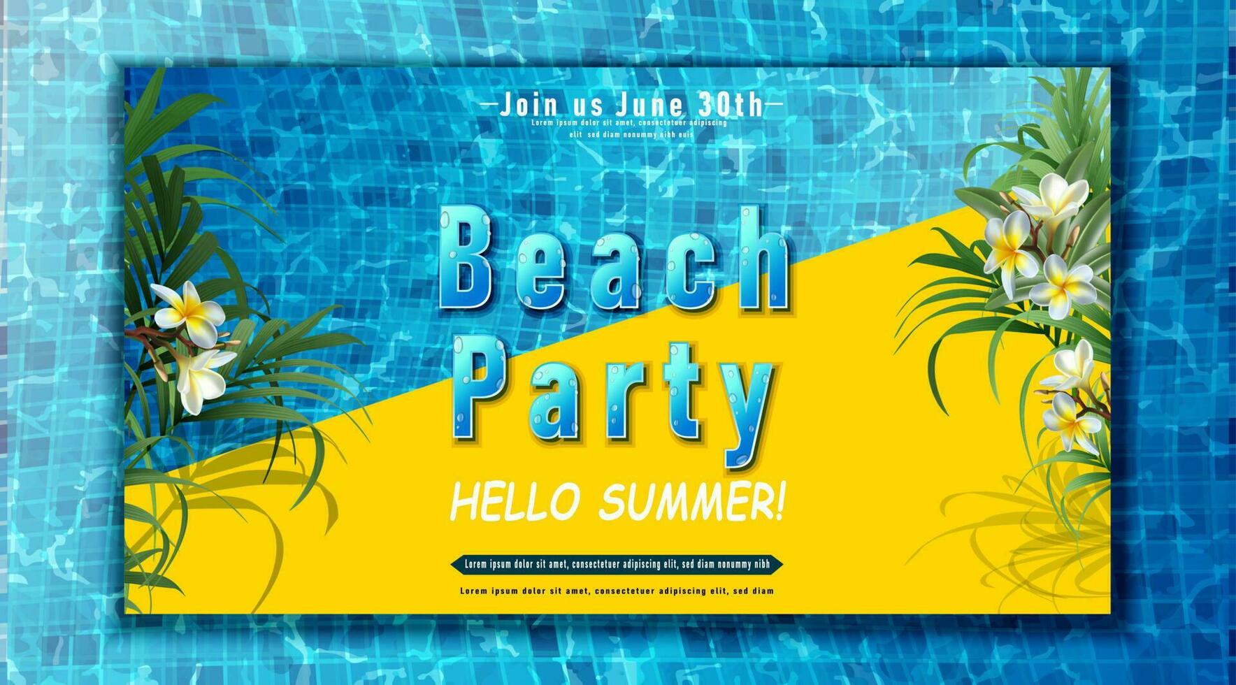 Vektor Sommer- Party Banner Vorlage. Schwimmbad Party mit exotisch Blumen.