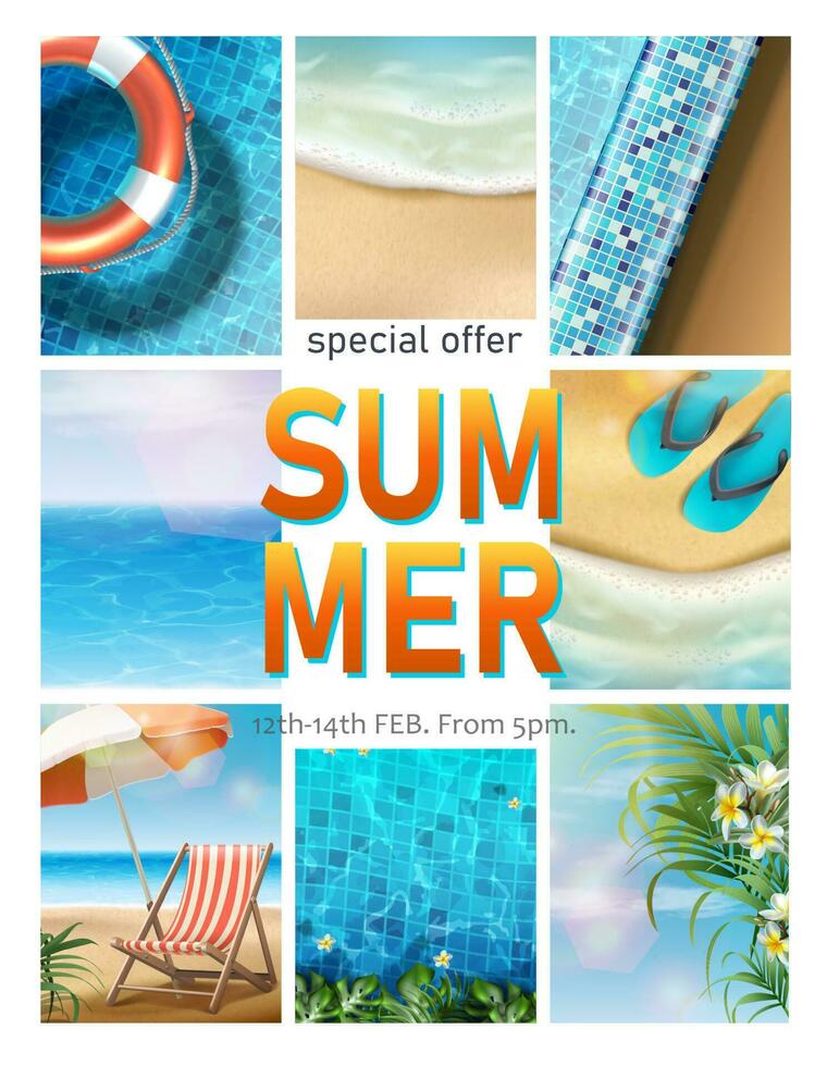 Vektor Sommer- Verkauf horizontal Banner Vorlage mit Sommer- Strand Elemente, Sonne Bett, Regenschirm und Wohnungen.