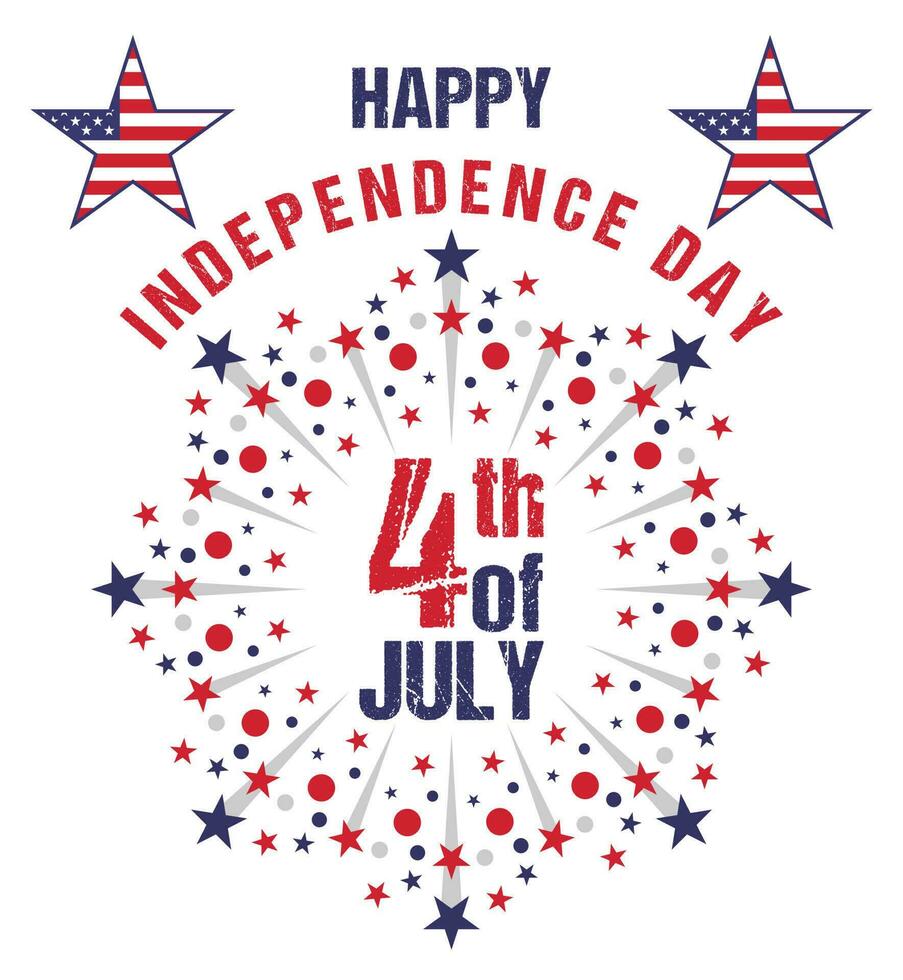 4:e av juli nationell Semester Lycklig oberoende dag. hälsning kort, inbjudan USA flagga färger, stjärna effekt, och USA flagga. 4:e juli modern bakgrund och med annorlunda Färg symboler och stjärnor. vektor