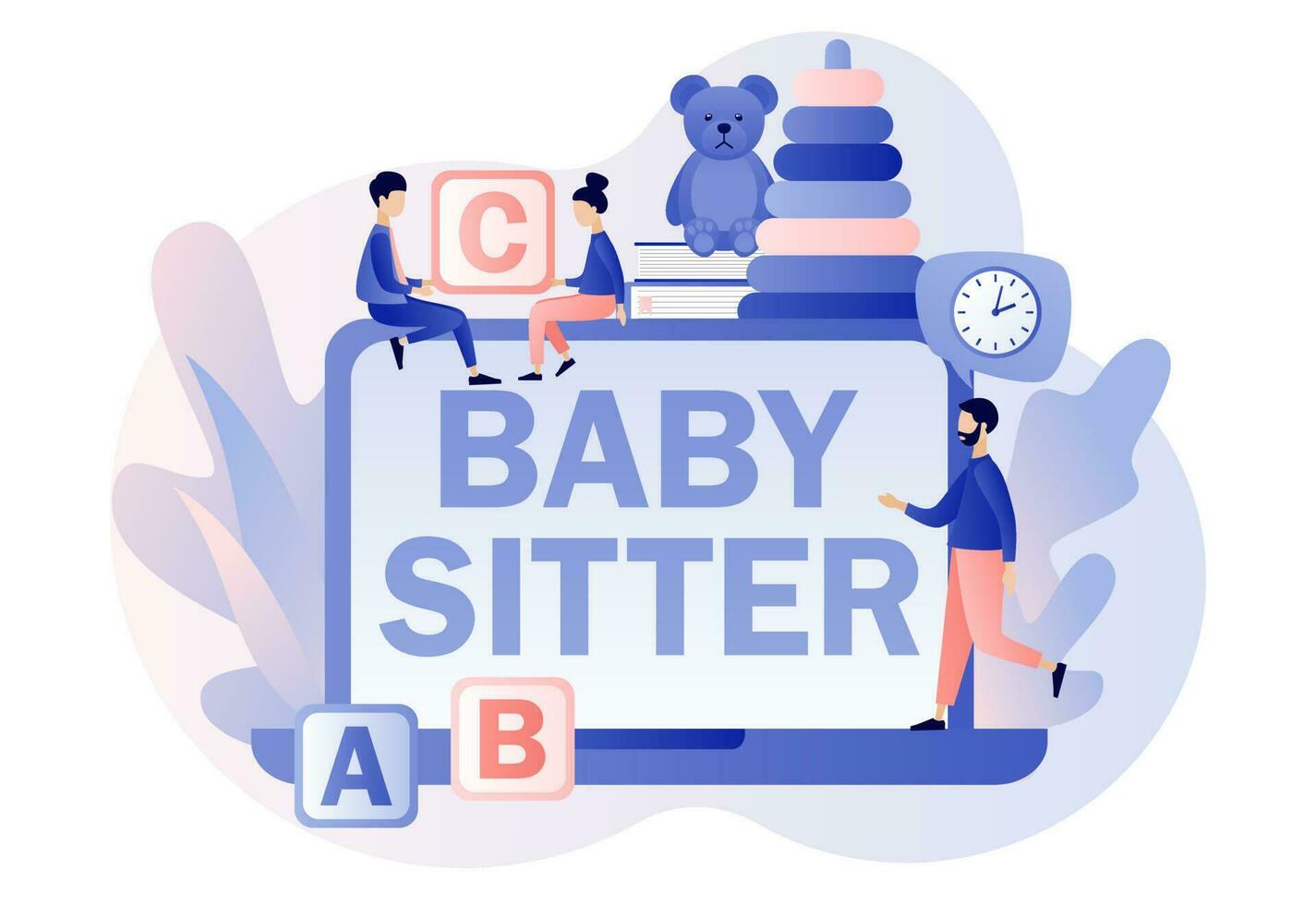 Babysitter Bedienung online. Babysitting Verein. Tagesmutter Beruf. Kinderbetreuung Hilfe. Familie und Kindergarten. modern eben Karikatur Stil. Vektor Illustration auf Weiß Hintergrund