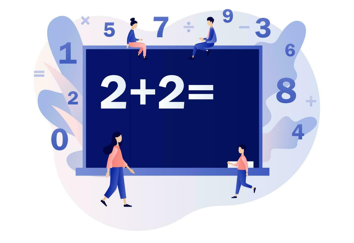 mathematisch Klasse. winzig Menschen Lernen Mathematik. Arithmetik Symbole auf Kreide Tafel. Bildung und Wissen Konzept. modern eben Karikatur Stil. Vektor Illustration auf Weiß Hintergrund