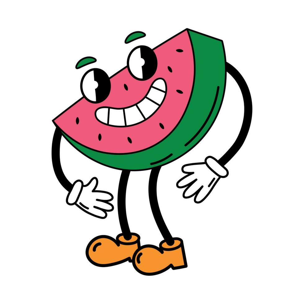 retro Karikatur süß Kumpel Wassermelone Charakter. modisch funky retro Stil Karikatur Wassermelone vektor