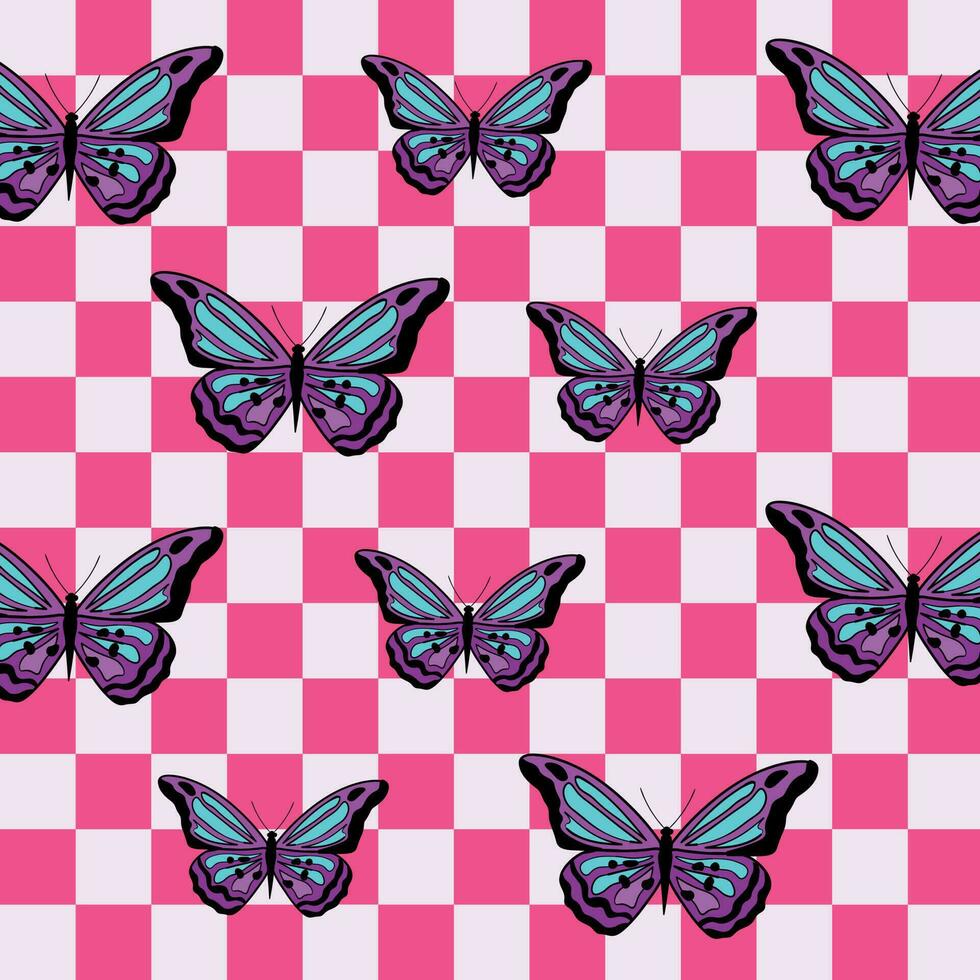 y2k Rosa Glanz Schmetterlinge Hintergrund. Hintergrund im modisch emo Goth 2000er Stil. 90er, 00s ästhetisch Hintergrund mit Schmetterling vektor