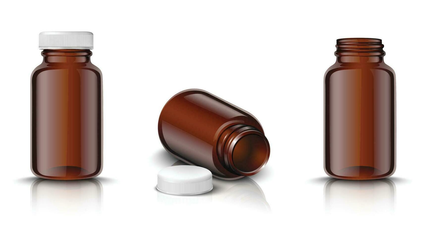 3d realistisk vektor falsk upp uppsättning av medicin flaskor i brun glas med vit keps. isolerat ikon illustration på vit bakgrund.