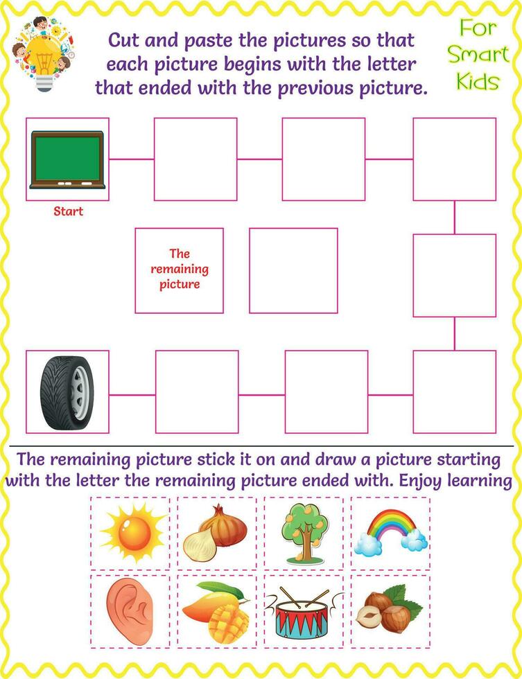 logik kalkylblad för ungar, skära och klistra de bilder, pedagogisk brev spel, bra motor Kompetens, njut av inlärning, styrelse, trumma, mango, lök, nöt, träd, öra, regnbåge, hjul, och Sol vektor