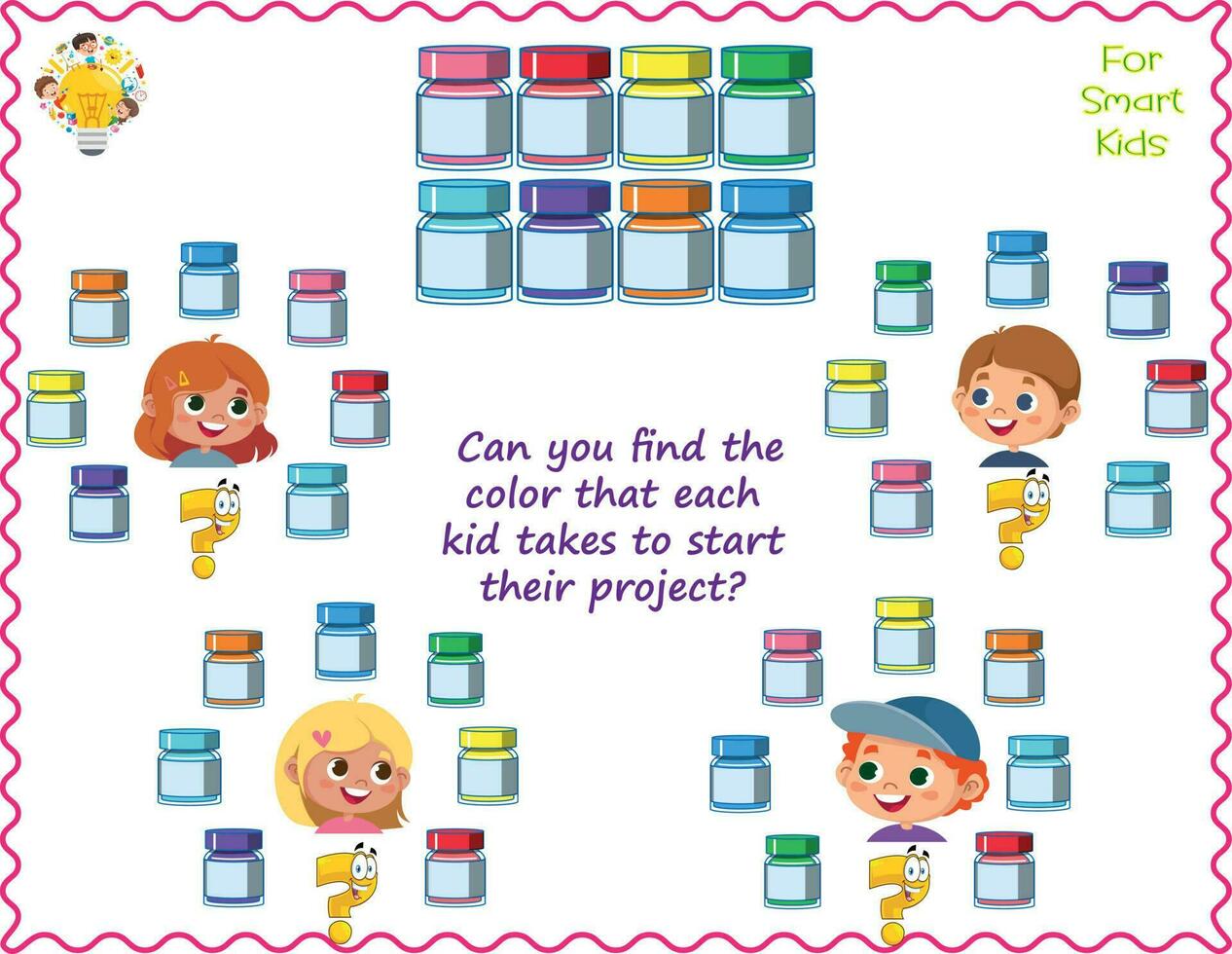 Logik Puzzle zum Kinder. können Sie finden das Farbe Das jeder Kind nimmt zu Start ihr Projekt. lehrreich Spiel. Seite zum Kinder Gehirn Teaser Buch. Aufgabe zum Aufmerksamkeit. vektor