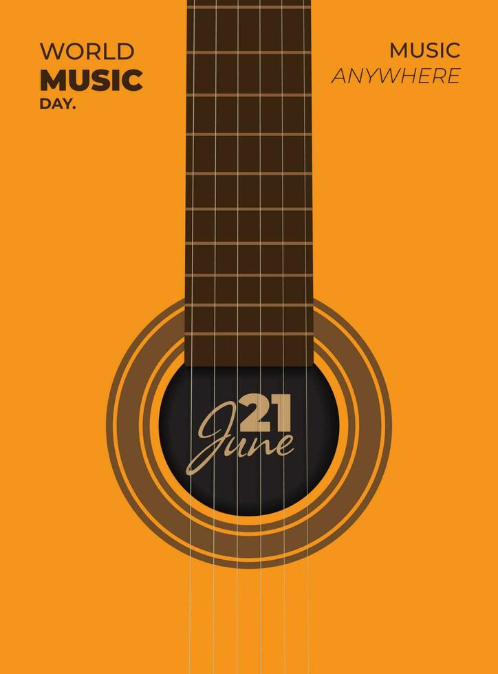 Welt Musik- Tag Vorlage im Gelb Hintergrund mit Juni 21 Text auf Klang Loch von Gitarre Design vektor