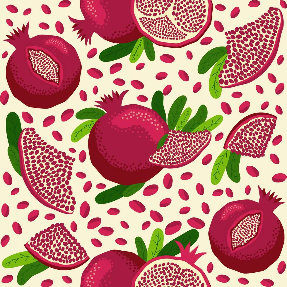 Granatapfel Obst nahtlos Muster. hell Blätter und Früchte, Saat und Läppchen. Shana tova nahtlos Muster vektor