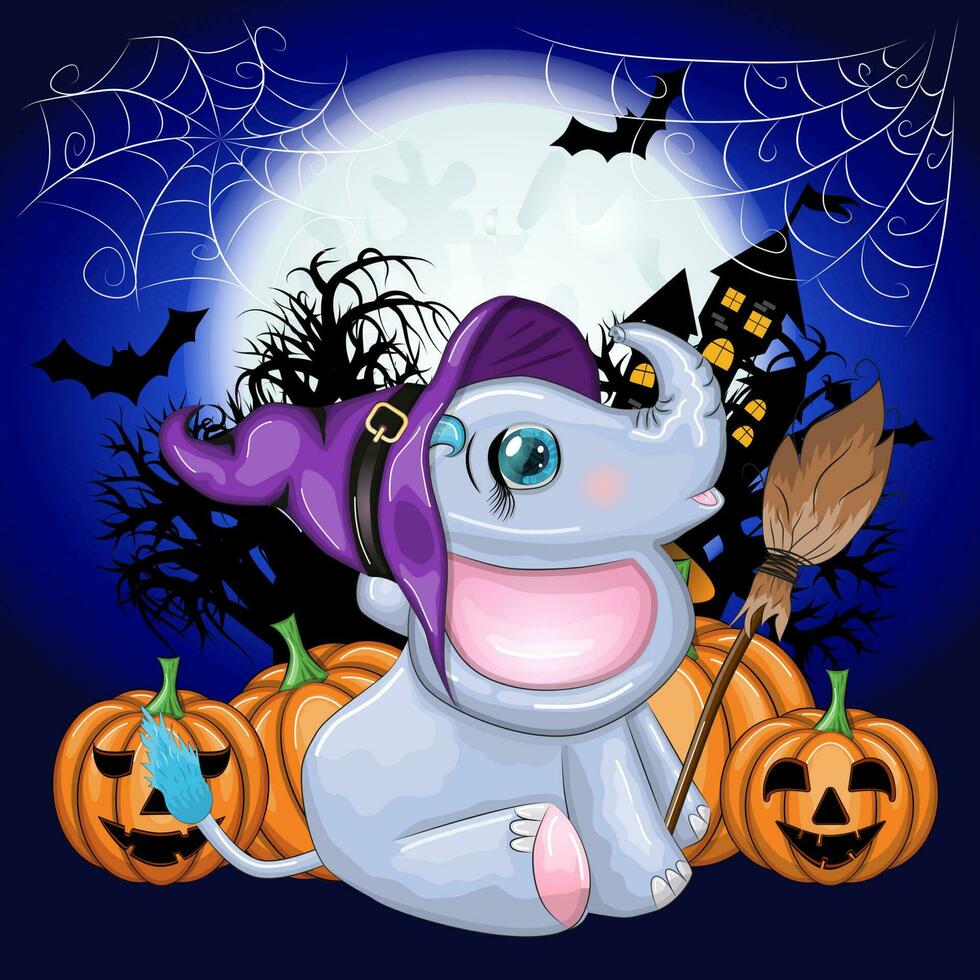 söt tecknad serie elefant, barnslig karaktär i trollkarl hatt med pumpa, trolldryck eller kvast. halloween vykort vektor