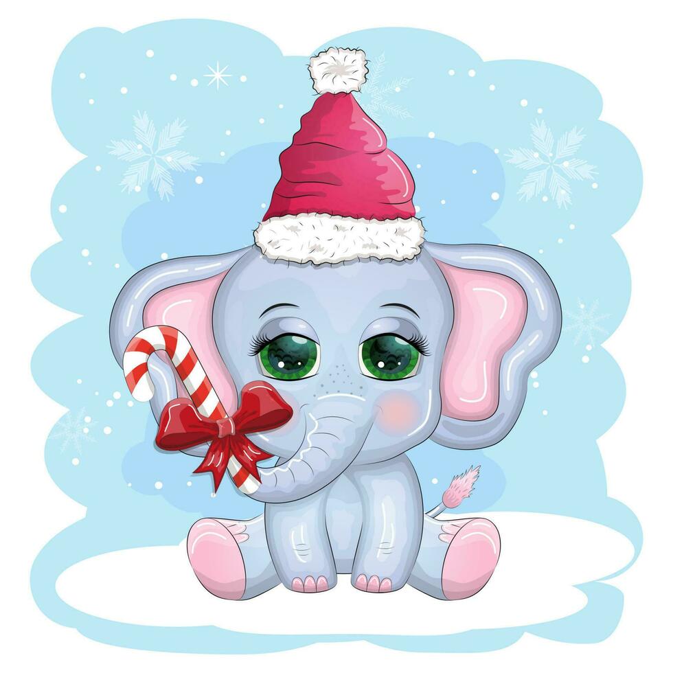 söt tecknad serie elefant, barnslig karaktär med skön ögon bär santa hatt, scarf, innehav gåva, jul boll vektor