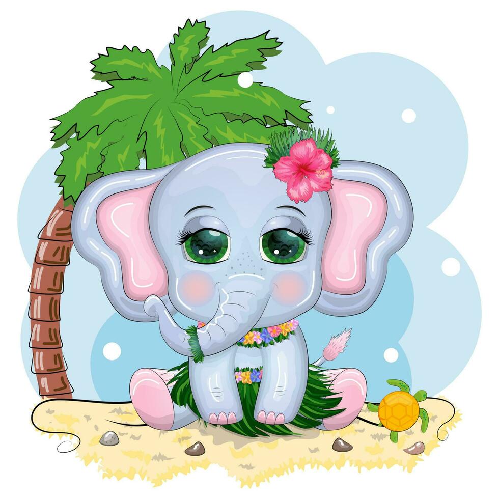 söt tecknad serie elefant, barnslig karaktär med skön ögon i hawaiian kostym, strand och semester vektor