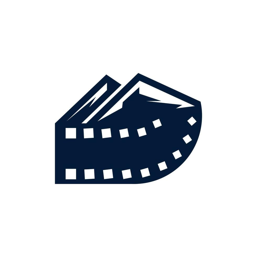 filma och berg tillverkad av filmremsa. årgång, retro, logotyp design. äventyr utomhus- natur fotografi logotyp design vektor