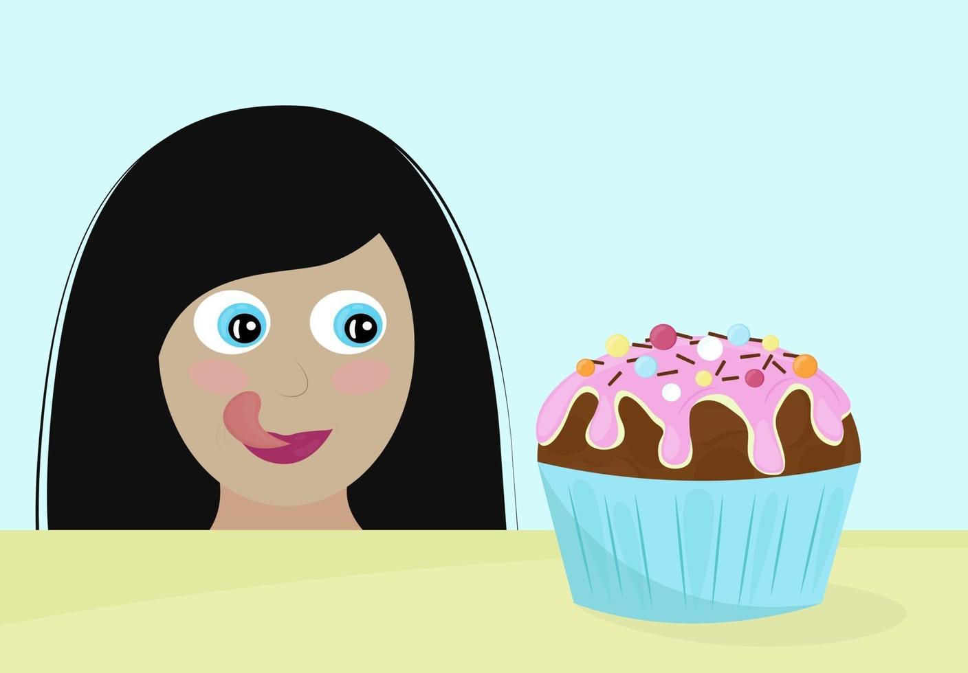 Keine Diät Tag Vektor-Illustration junge Frau will den Cupcake mit Appetit und Vergnügen essen vektor