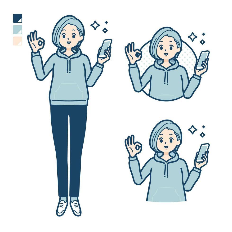 ein jung Frau im ein Kapuzenpullover mit halten ein Smartphone und tun ein in Ordnung Zeichen Bilder vektor