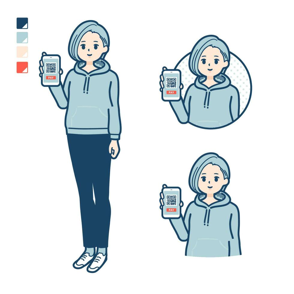 en ung kvinna i en luvtröja med kontantlös betalning på smartphone bilder vektor