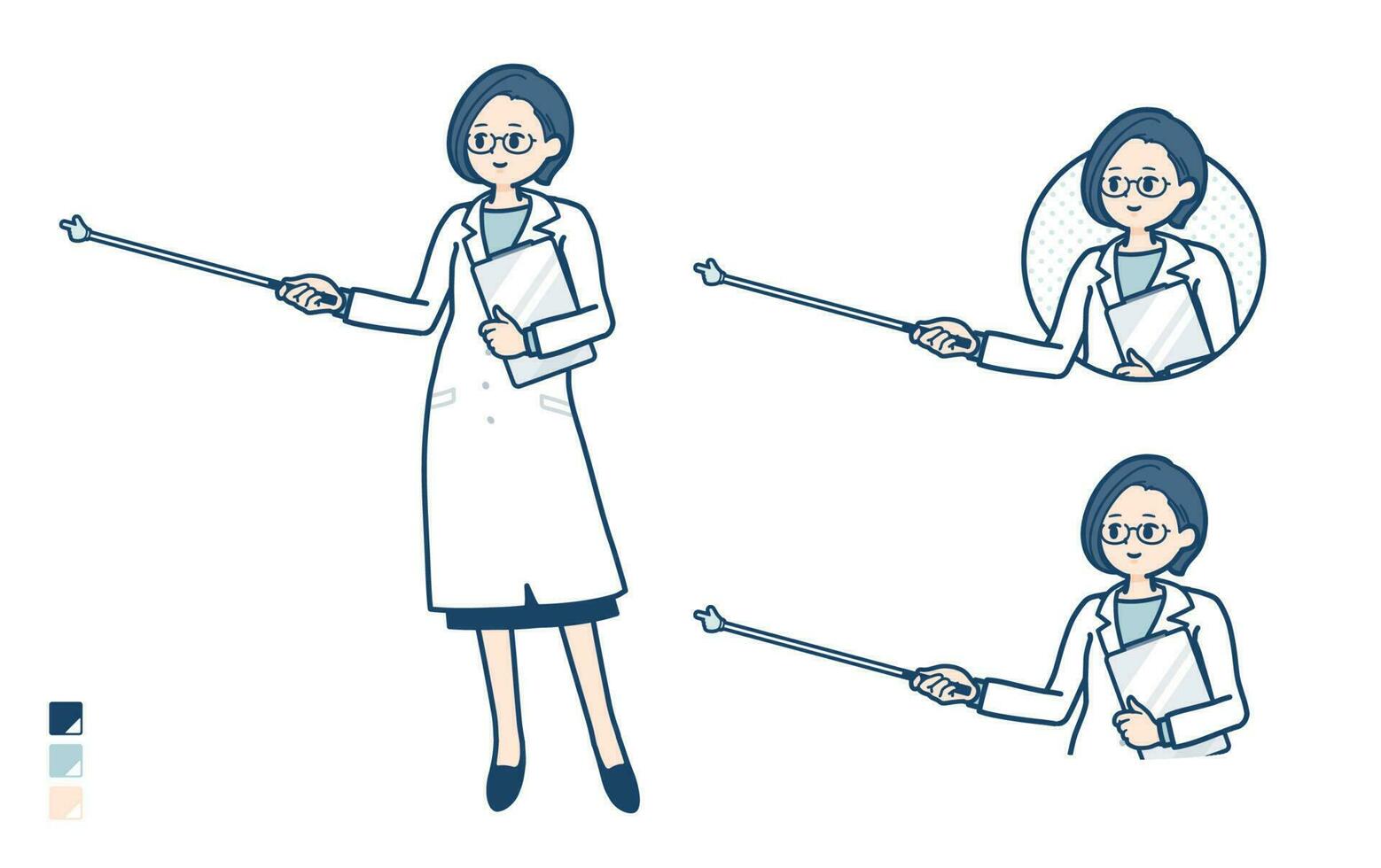 en kvinna läkare i en labb täcka med förklaring med en pekande pinne bilder vektor