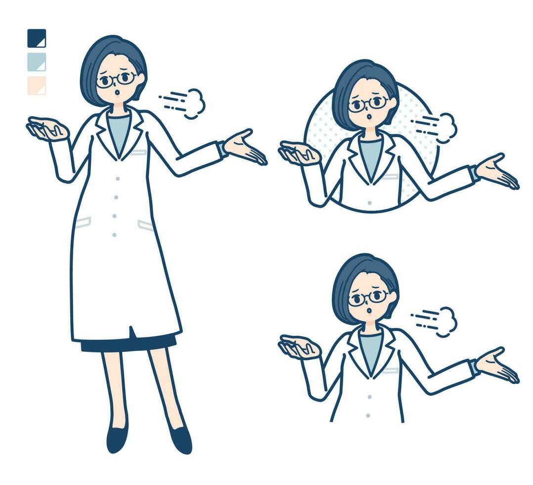 ein Frau Arzt im ein Labor Mantel mit entmutigt Bilder vektor