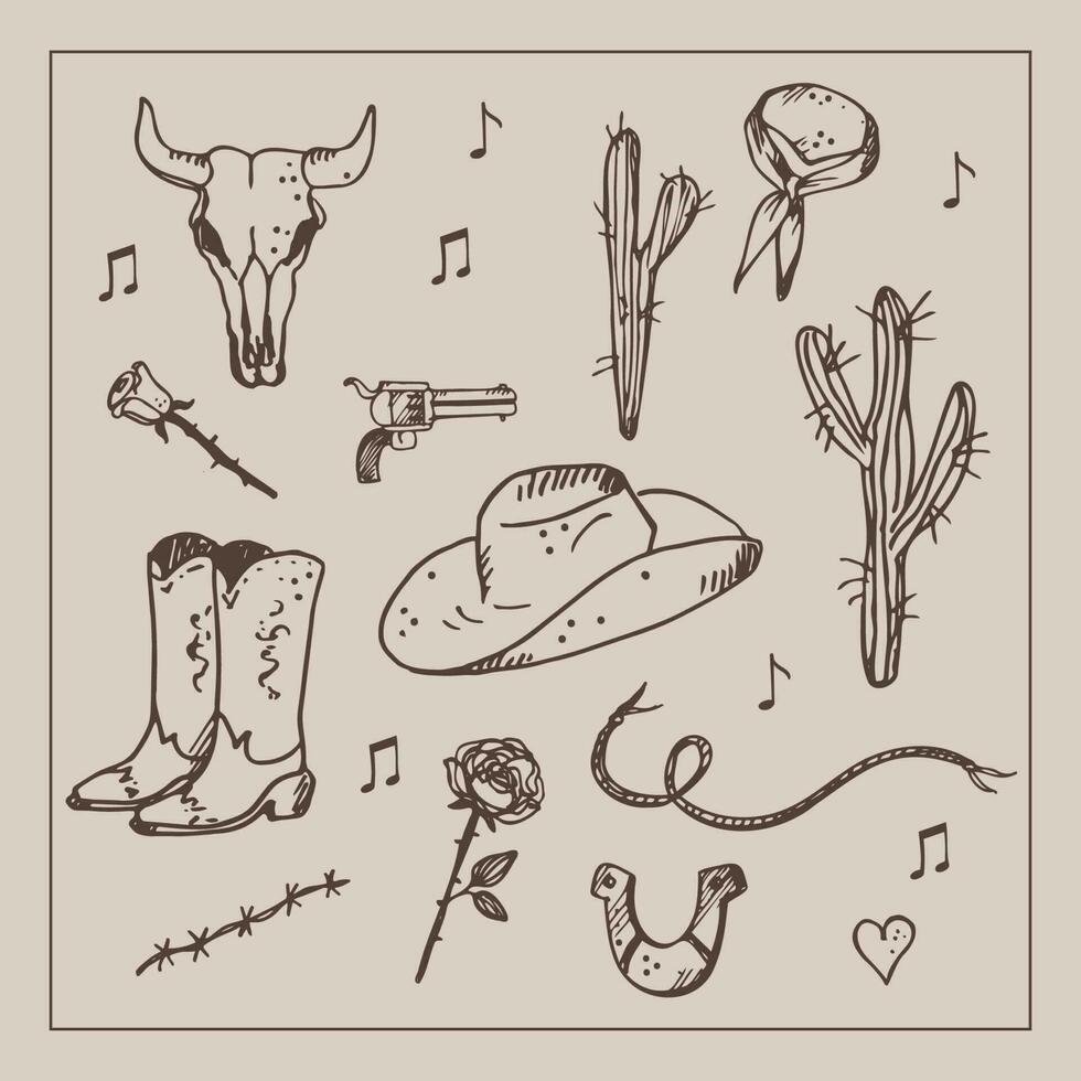 wild Westen Konzept. verschiedene Objekte. Cowboy Thema, Western. Stiefel, Pistole, Kaktus, Schlange, Hufeisen, Bandana, Schädel, Rose. Hand gezeichnet. Design Element. Vektor Kunst Illustration.