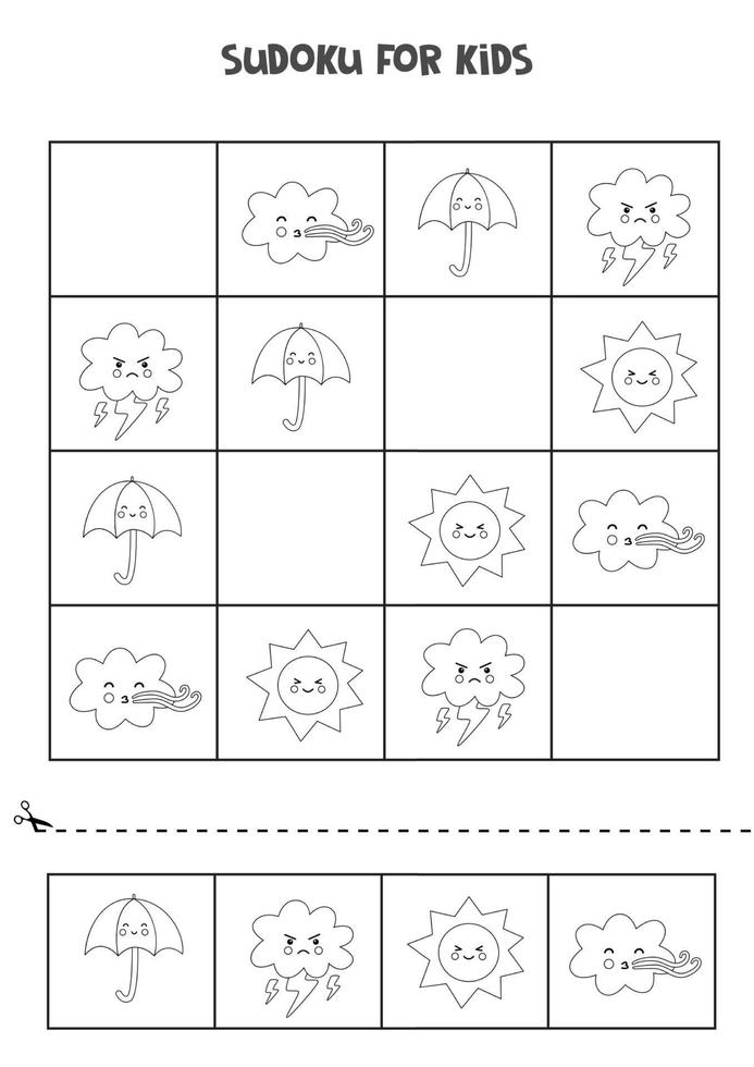 Sudoku-Spiel für Kinder mit niedlichen Schwarz-Weiß-Wetterelementen vektor