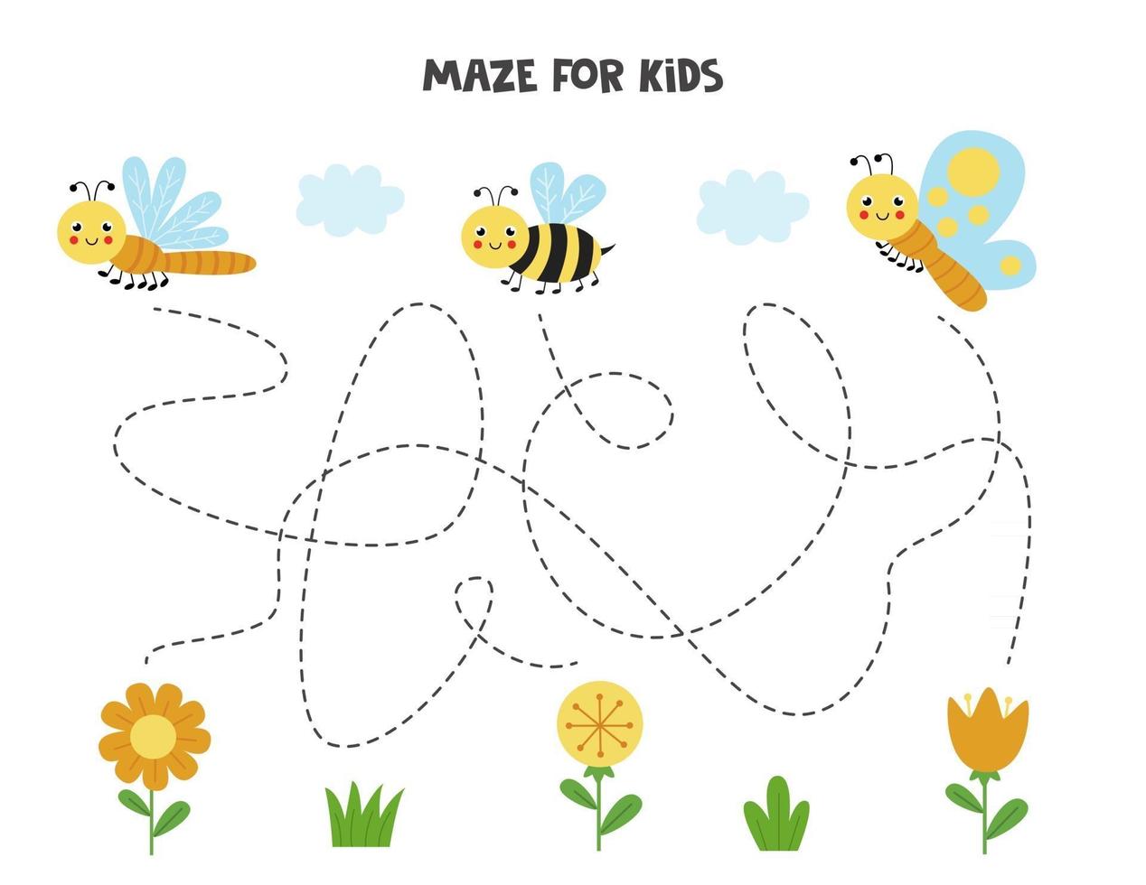 Labyrinth mit niedlichen Schmetterlingsbienenlibelle und Blumen logisches Spiel für Kinder vektor