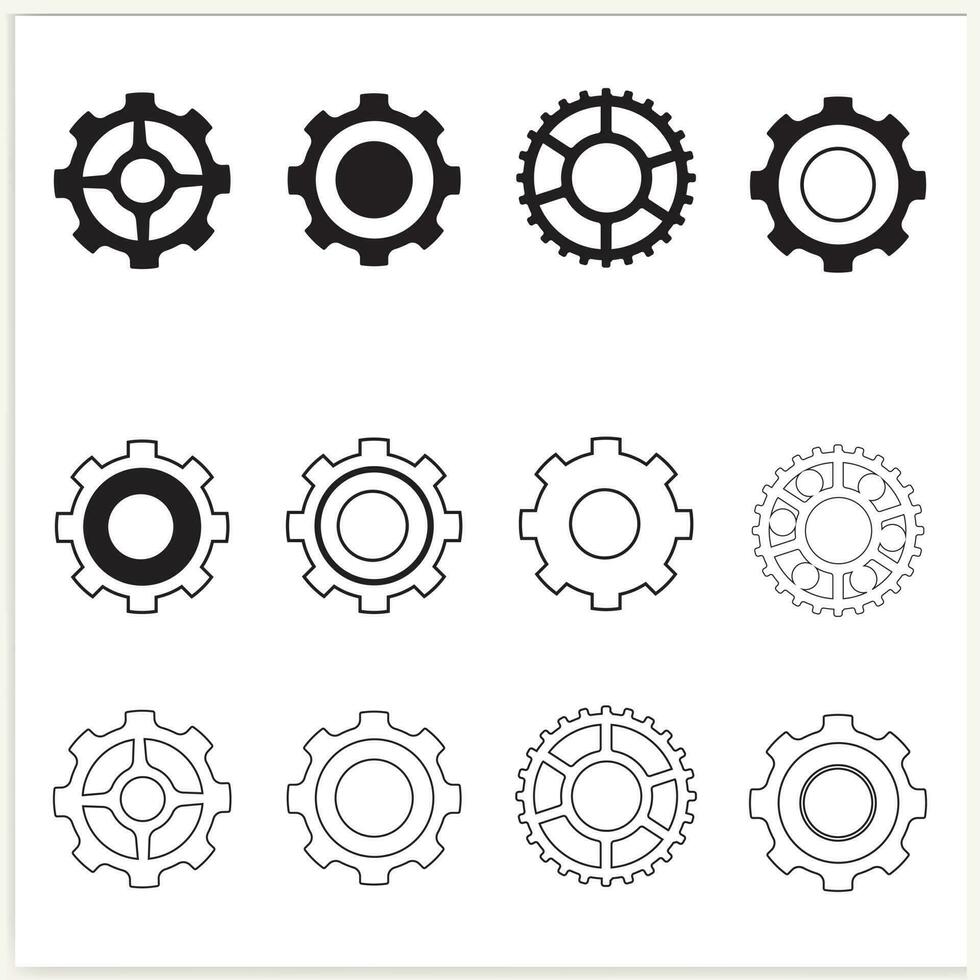 Ausrüstung Rahmen Vektor Symbol Satz. isoliert schwarz Getriebe Mechanismus und Zahn Rad auf Weiß Hintergrund. Zahnrad Symbole