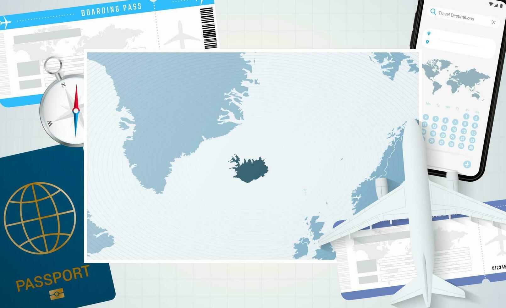 Reise zu Island, Illustration mit ein Karte von Island. Hintergrund mit Flugzeug, Zelle Telefon, Reisepass, Kompass und Eintrittskarten. vektor