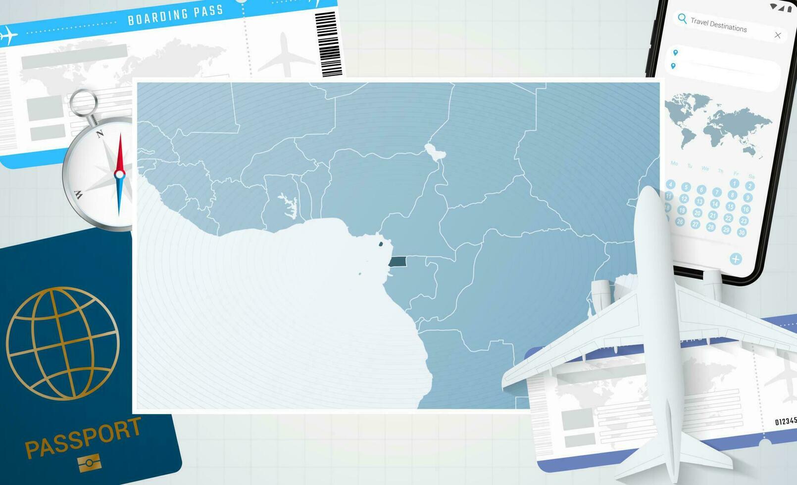 Reise zu äquatorial Guinea, Illustration mit ein Karte von äquatorial Guinea. Hintergrund mit Flugzeug, Zelle Telefon, Reisepass, Kompass und Eintrittskarten. vektor