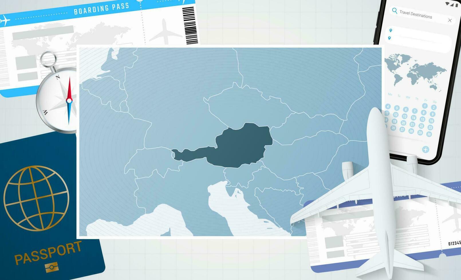 resa till Österrike, illustration med en Karta av Österrike. bakgrund med flygplan, cell telefon, pass, kompass och biljetter. vektor