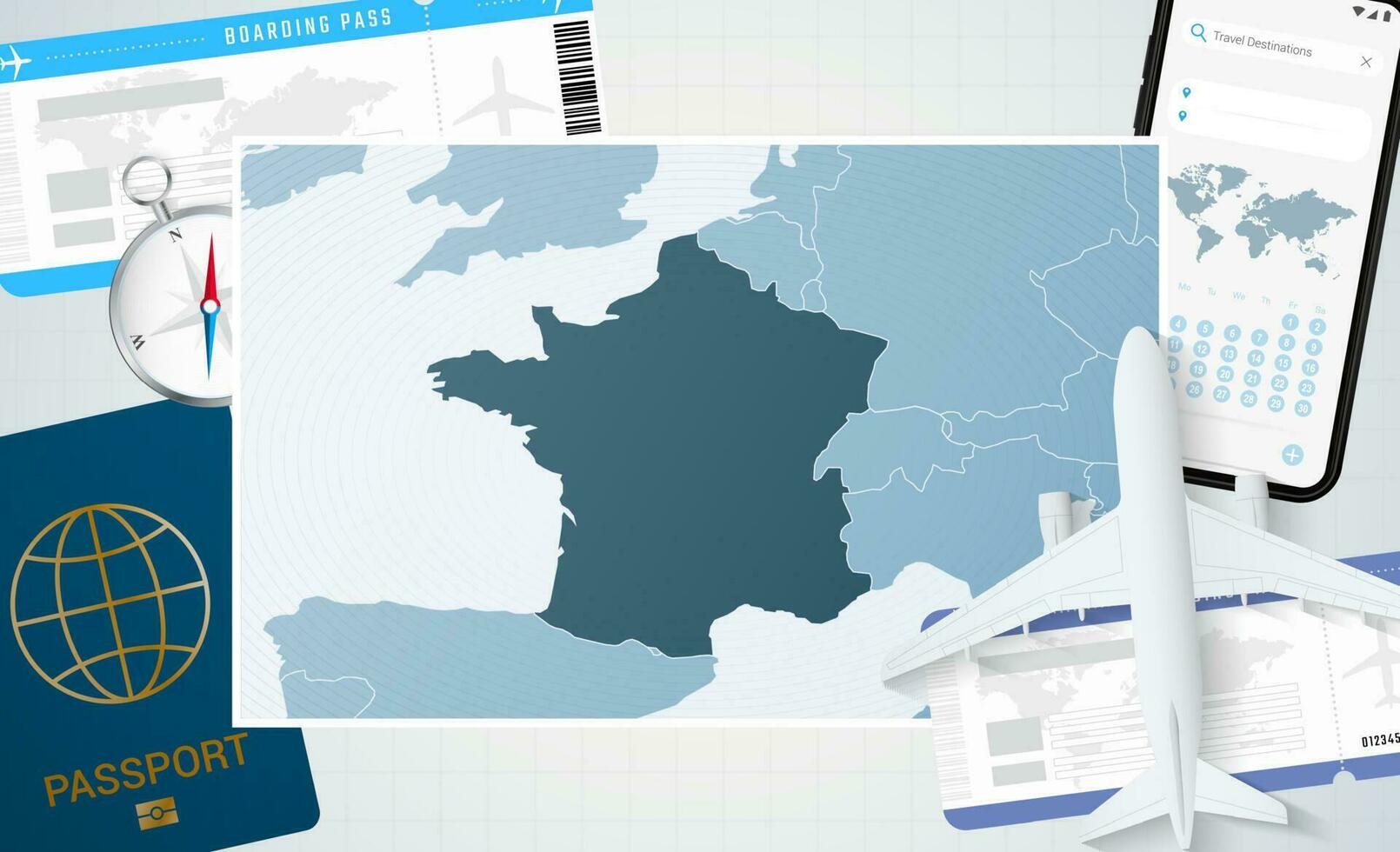 resa till Frankrike, illustration med en Karta av Frankrike. bakgrund med flygplan, cell telefon, pass, kompass och biljetter. vektor